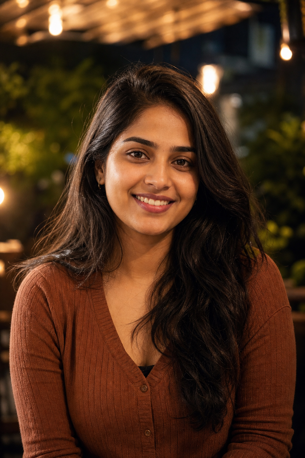 Nyra smiling in a warm evening cafe setting